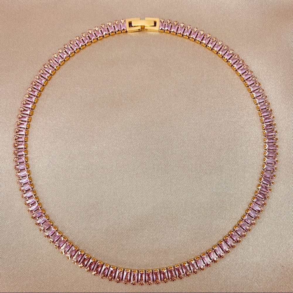 18K Gold Baguette Pastel Pink High Polished Zircon Choker Necklace - Picture 7 of 10